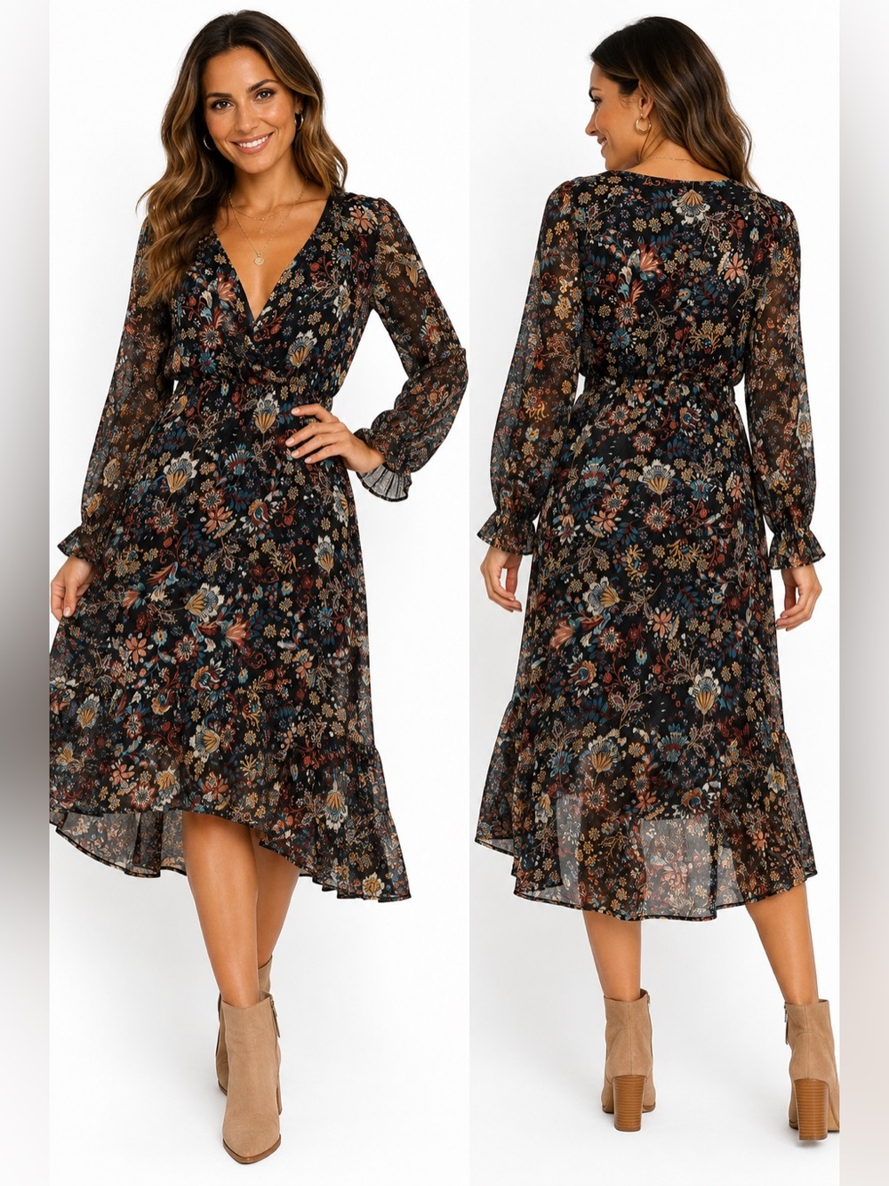 Elena Bidi Made in Italy Floral Silk Blend Faux Wrap Dress Boho Long Sleeve M